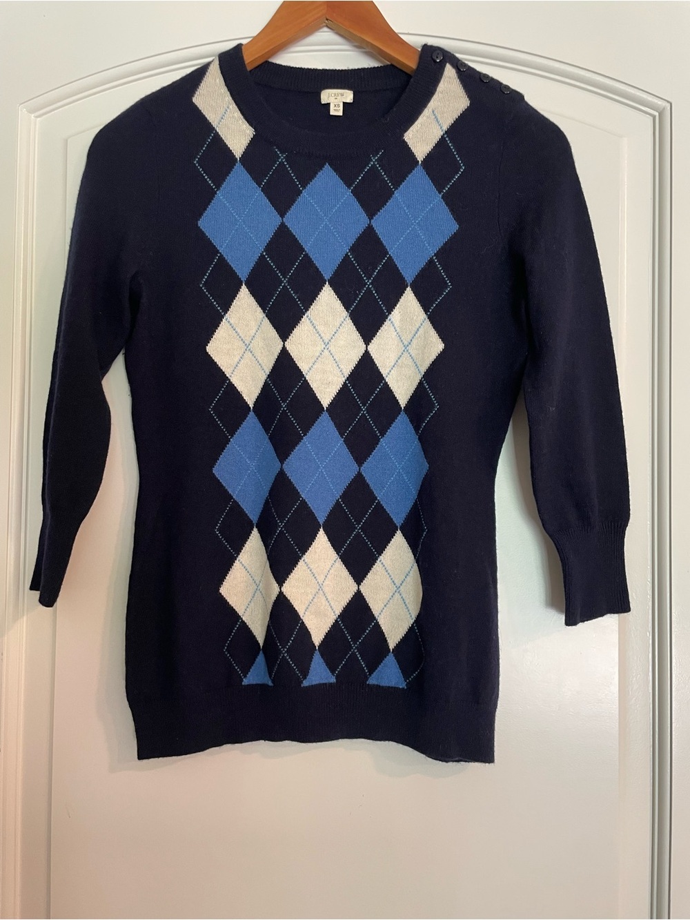 J. CREW Women's Navy Blue Argyle Knit  Sweater Button Shoulder XS Wool Blend